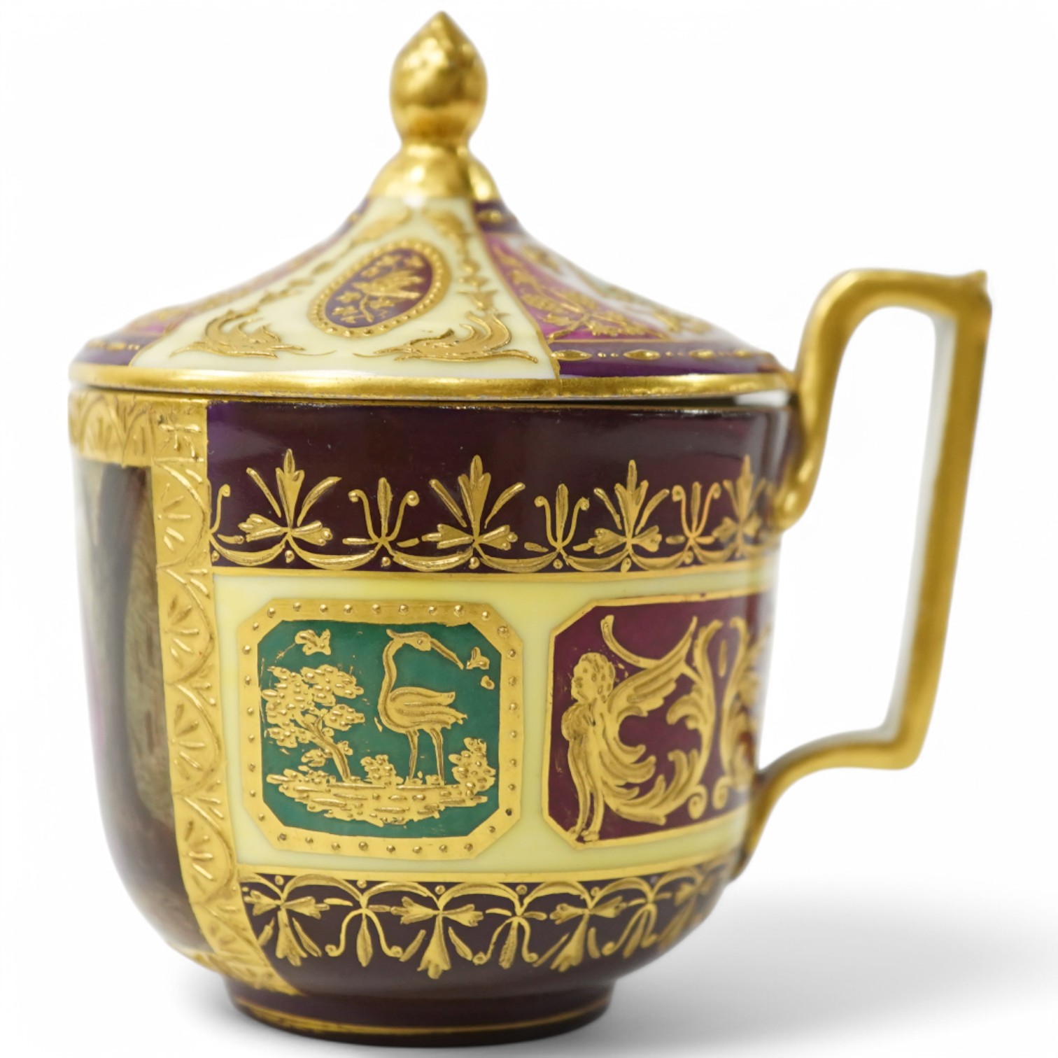 A late 19th century Vienna custard cup and saucer, outside and later decorated, beehive mark, 10cm high. Condition - good